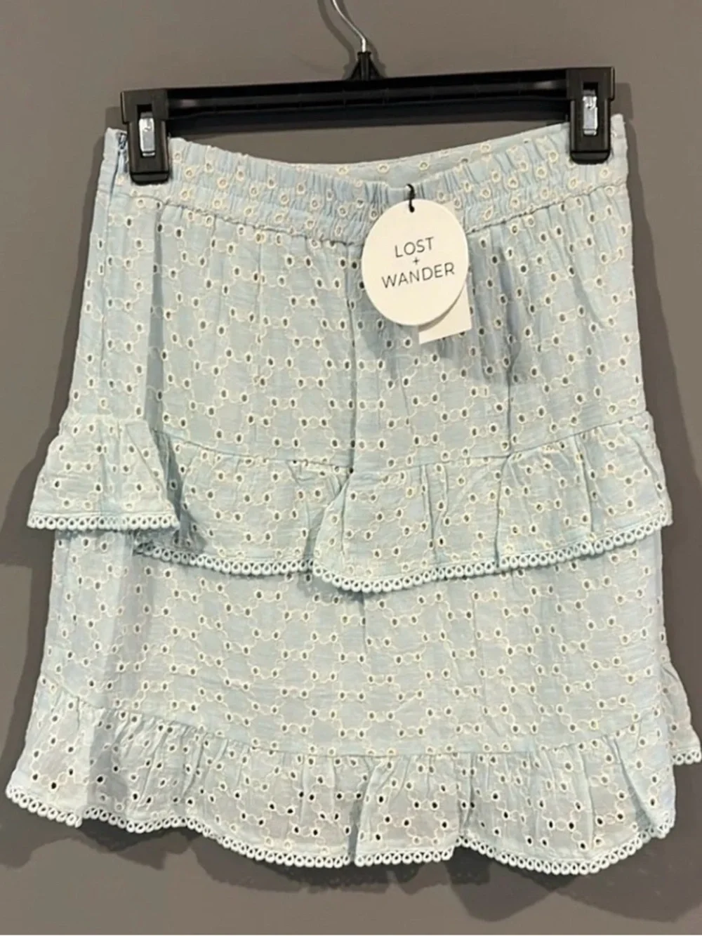 Lost + Wander Light Blue Eyelet Ruffle Mini Skirt